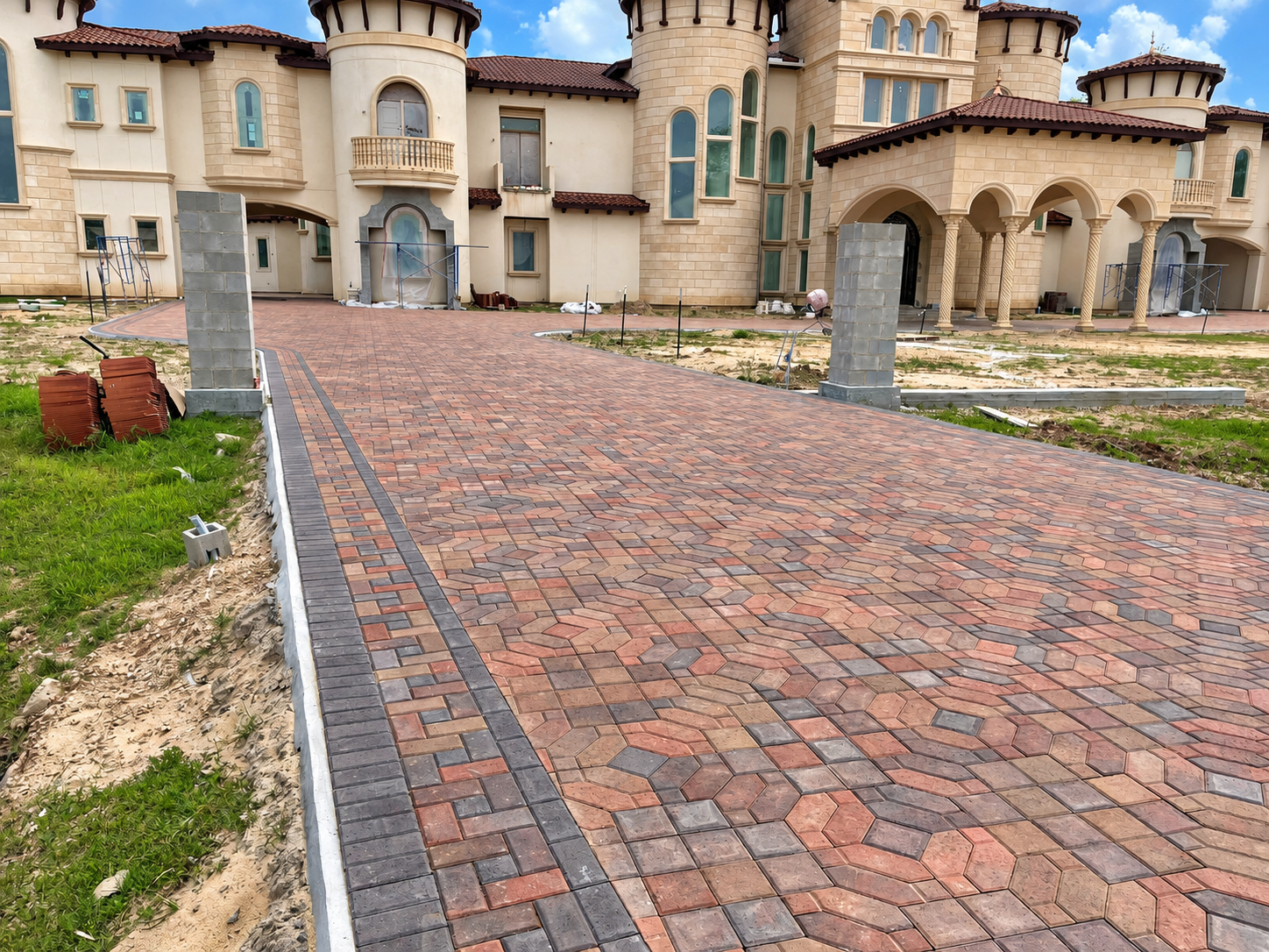 After view of a finished red, brown and charcoal paver driveway in Richmond, Texas